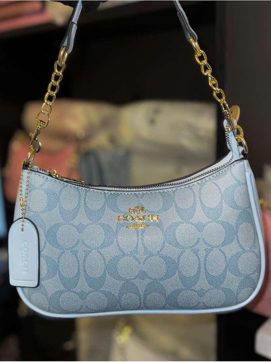 Coach Handbags - Coach Light Blue Signature Jacquard Shoulder Bag with Gold Hardware